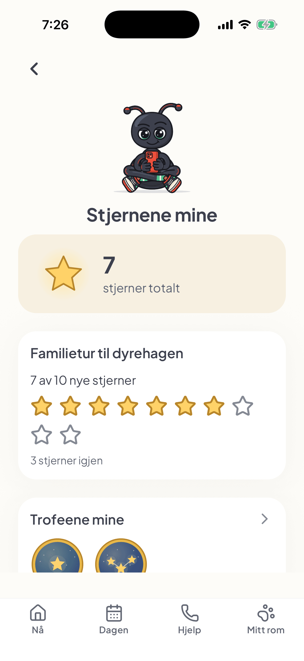 Anias stjerneside: 7 stjerner og den valgte belønningen Familietur til dyrehagen, med 7 av 10 nye stjerner samlet.