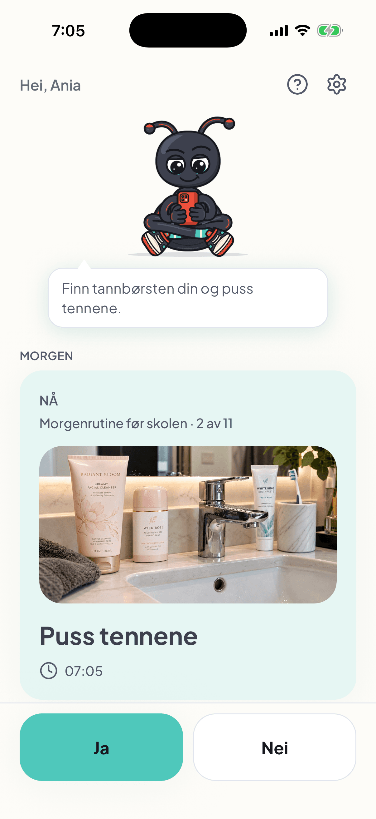 Anias steg for å pusse tennene har et bilde av familiens bad og forelderens beskjed om å finne tannbørsten og pusse tennene.