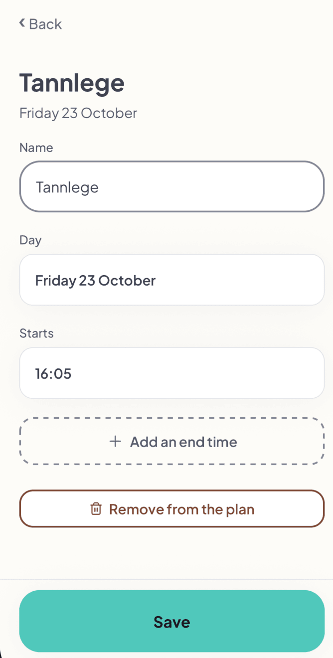 Forelderens redigeringsskjerm for Tannlege fredag 23. oktober klokken 16:05, med en knapp for å fjerne avtalen fra planen.