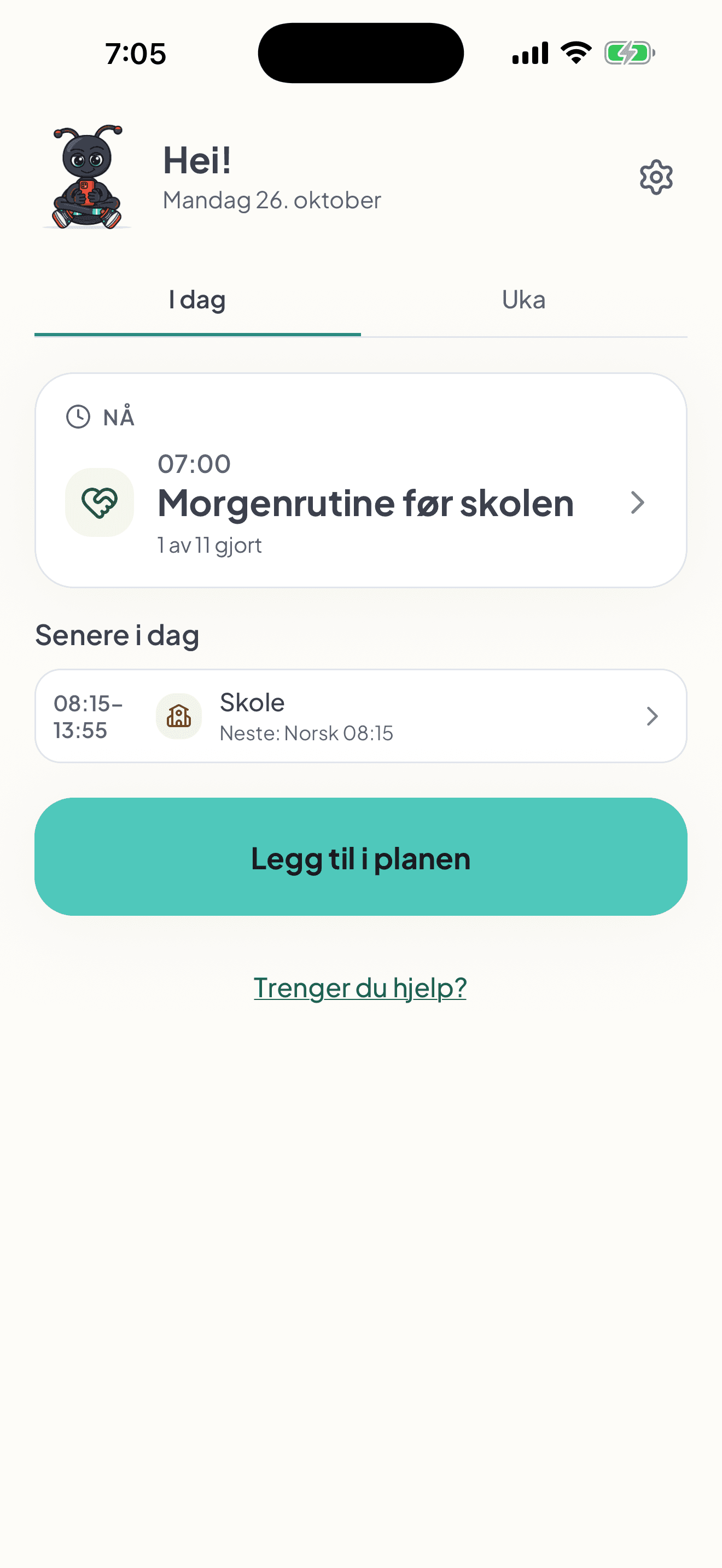 Forelderens oversikt mandag 26. oktober, fanen I dag: Morgenrutine før skolen kl. 07:00 er nå, 1 av 11 gjort. Senere i dag: skole fra 08:15 til 13:55, neste time norsk kl. 08:15.