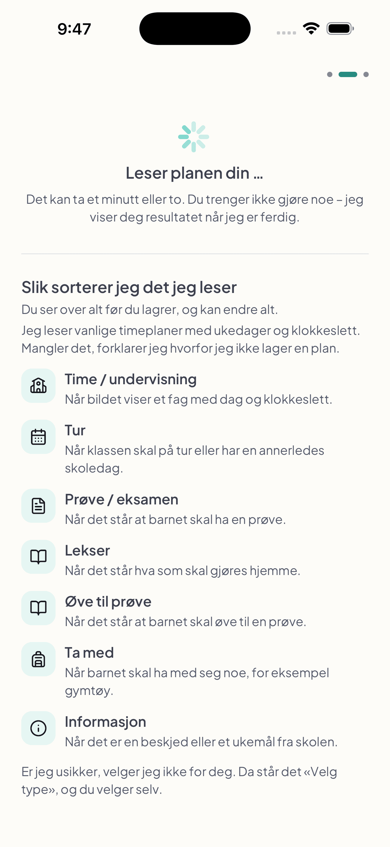 Leser planen din i Fribli. Skjermen forklarer sju kategorier og hva de brukes til: Time / undervisning, Tur, Prøve / eksamen, Lekser, Øve til prøve, Ta med og Informasjon. Uklare typer velges av forelderen.